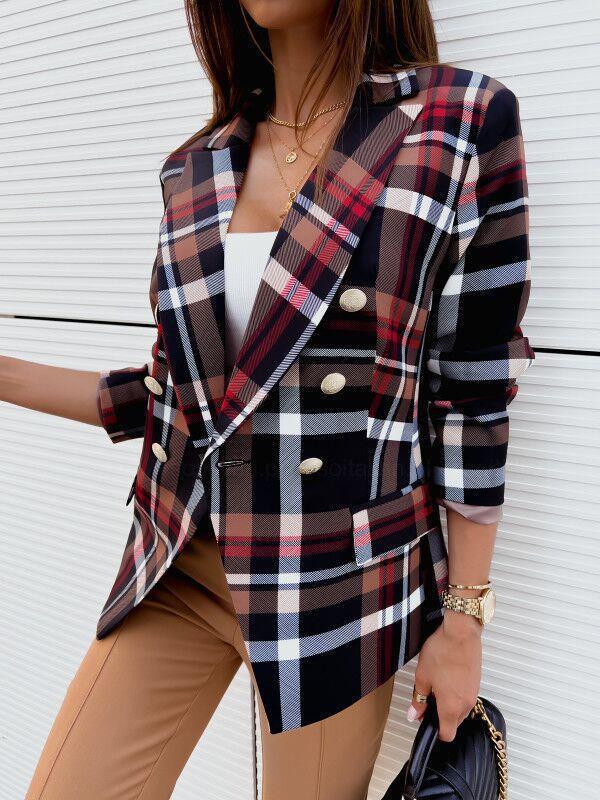 Plaid Geometric Print Gold Button Detail Long Sleeve Double Breasted Print Women's Blazer Jacket to 3X Plus Size