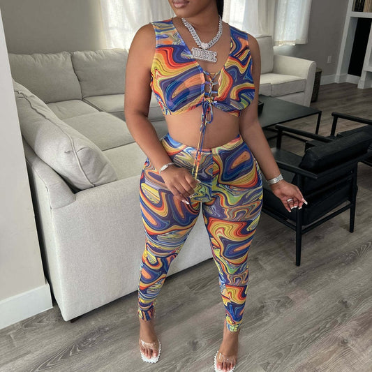Swirl Print Sleeveless Lace-Up Women's Crop Top + Skinny Leggings 2-Piece Set
