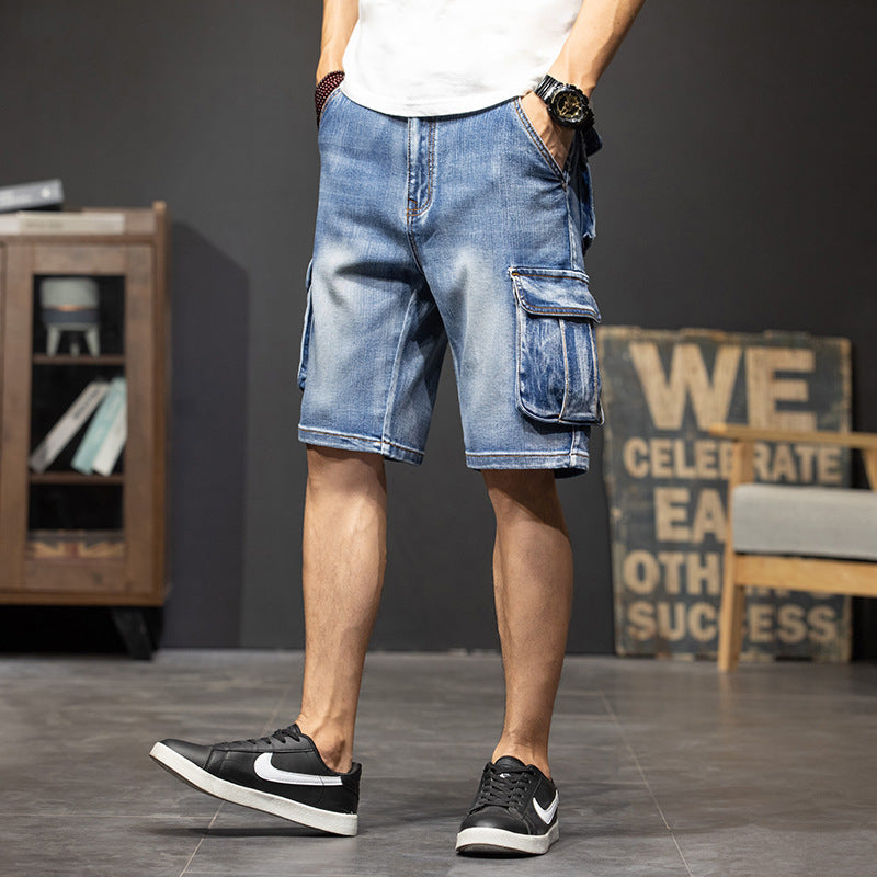 Men's Denim Washed 5-Point Multi-Pocket Cargo Jean Shorts