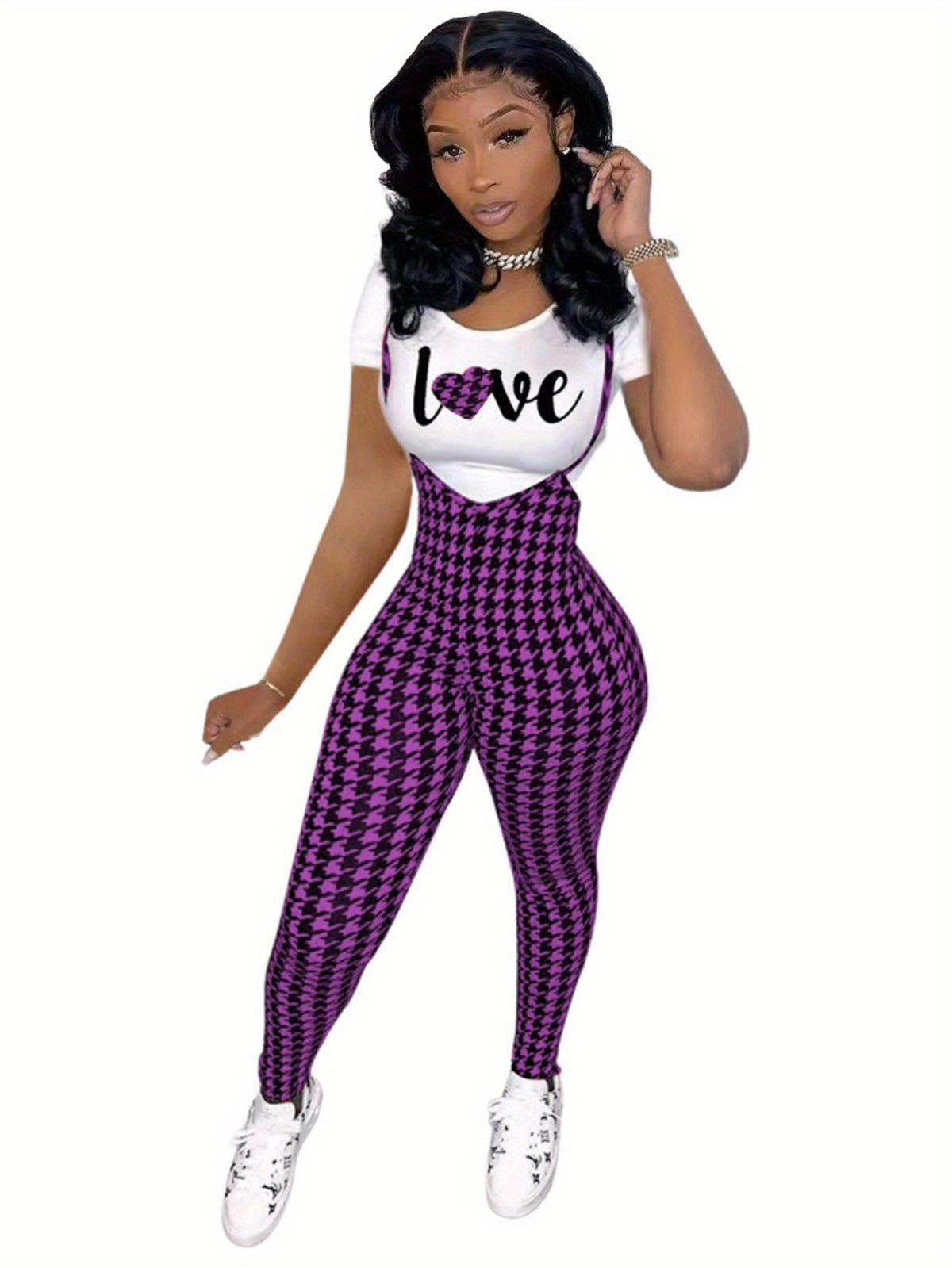 Sleeveless Houndstooth Plaid Print Cami Overall Jumpsuit w/Love Heart Print T-Shirt Women's 2-Piece Set