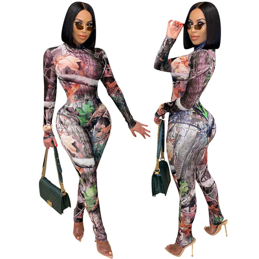 Mesh Sheer Transparent Floral Geometric Print Long Sleeve Women's Top + Skinny Leggings 2-Piece Set