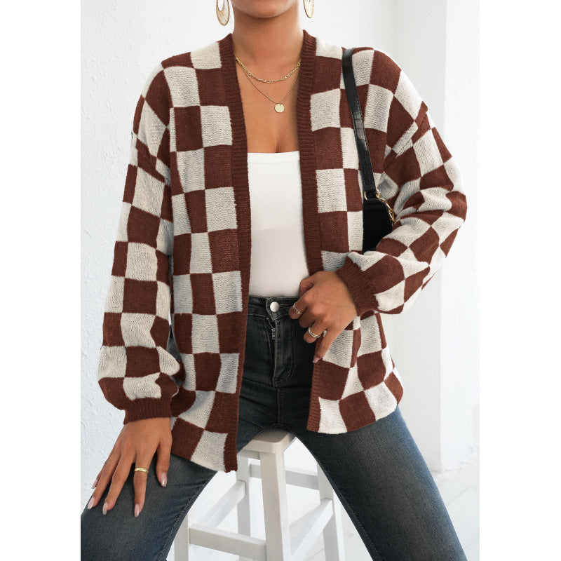 Wool Checker Plaid Print Women's Open Cardigan Sweater