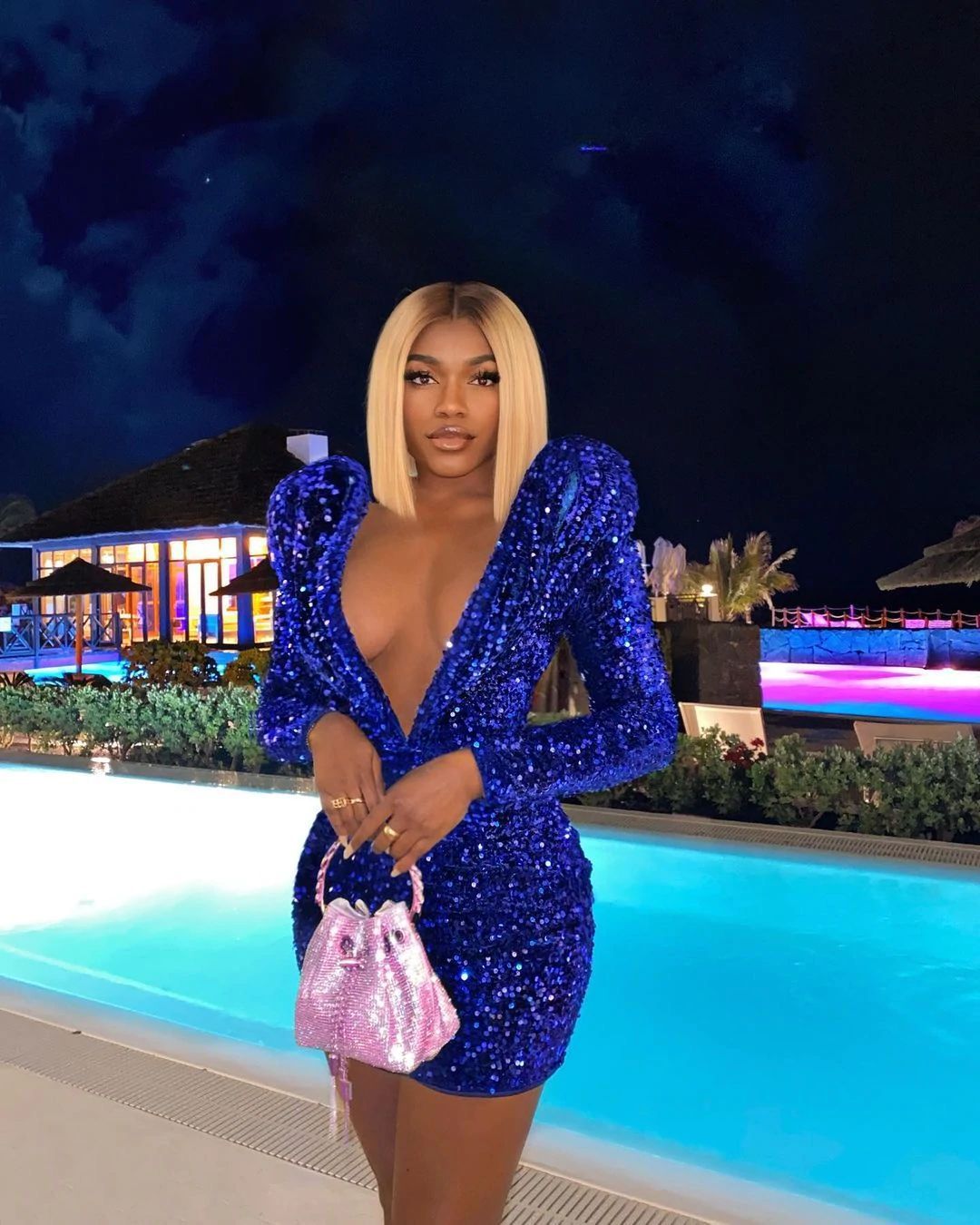 Blue Sparkling Sequin Deep V-Neck Long Sleeve Padded Shoulder Formal Party Dress