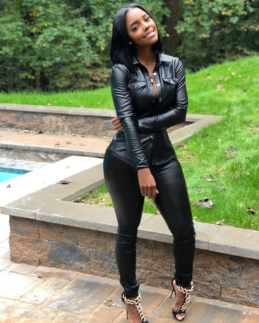 PU Leather Double Pocket Design Women's Solid Color Long Sleeve Button-Up Blouse + Skinny Pants 2-Piece Set to 3X Plus Size