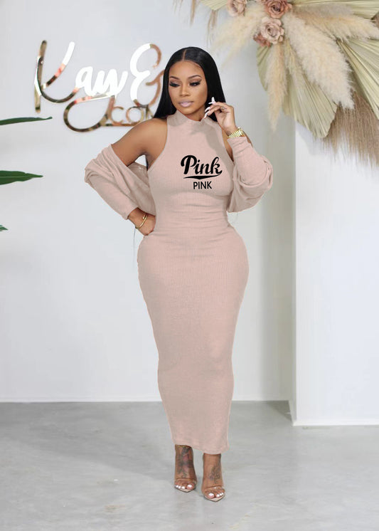 "Pink" Ribbed Knitted Women's Cardigan + Sleeveless Maxi Dress 2-Piece Set