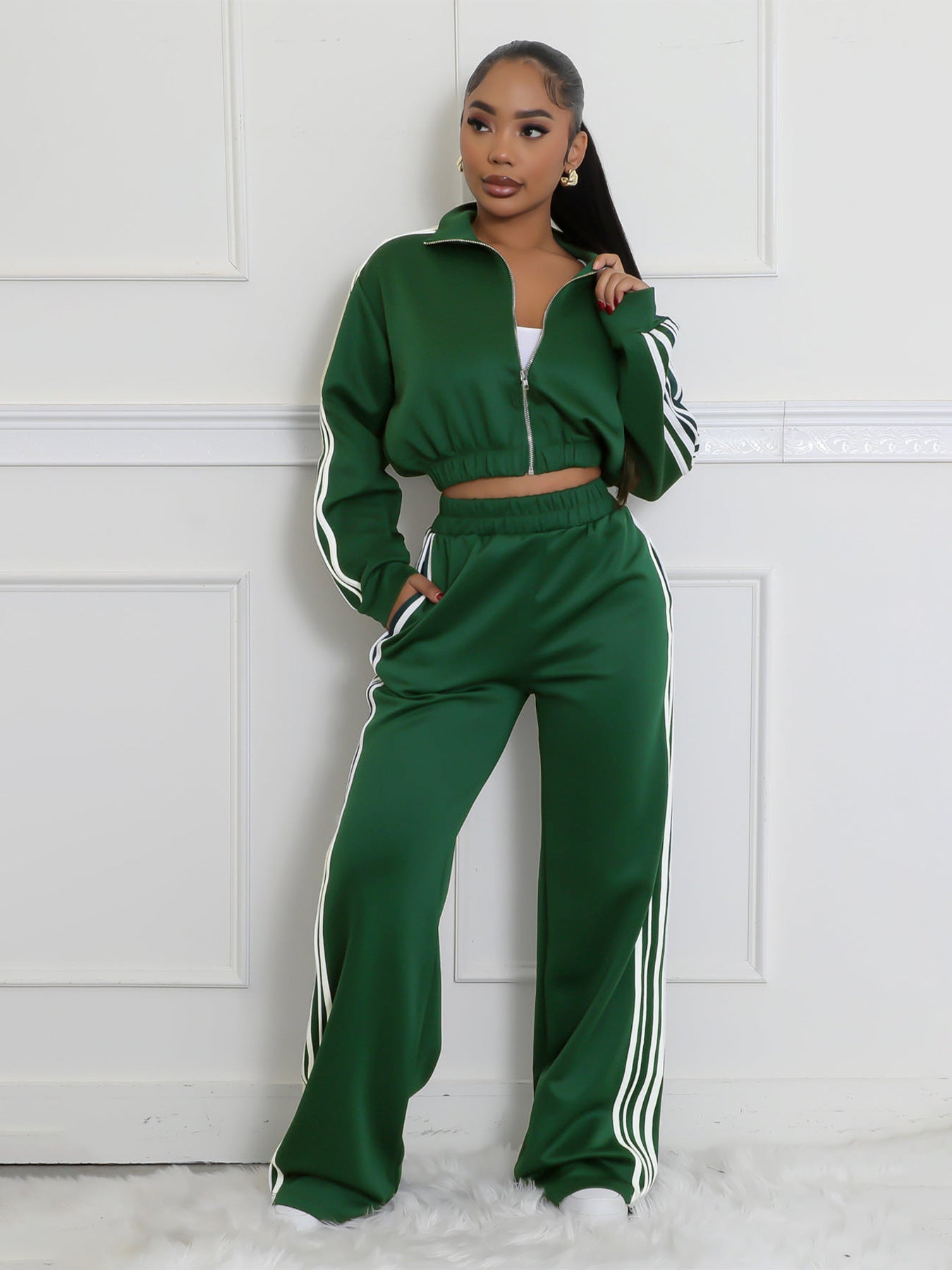 Side Striped Women's Sweat Jacket + Wide Leg Sweatpants Tracksuit