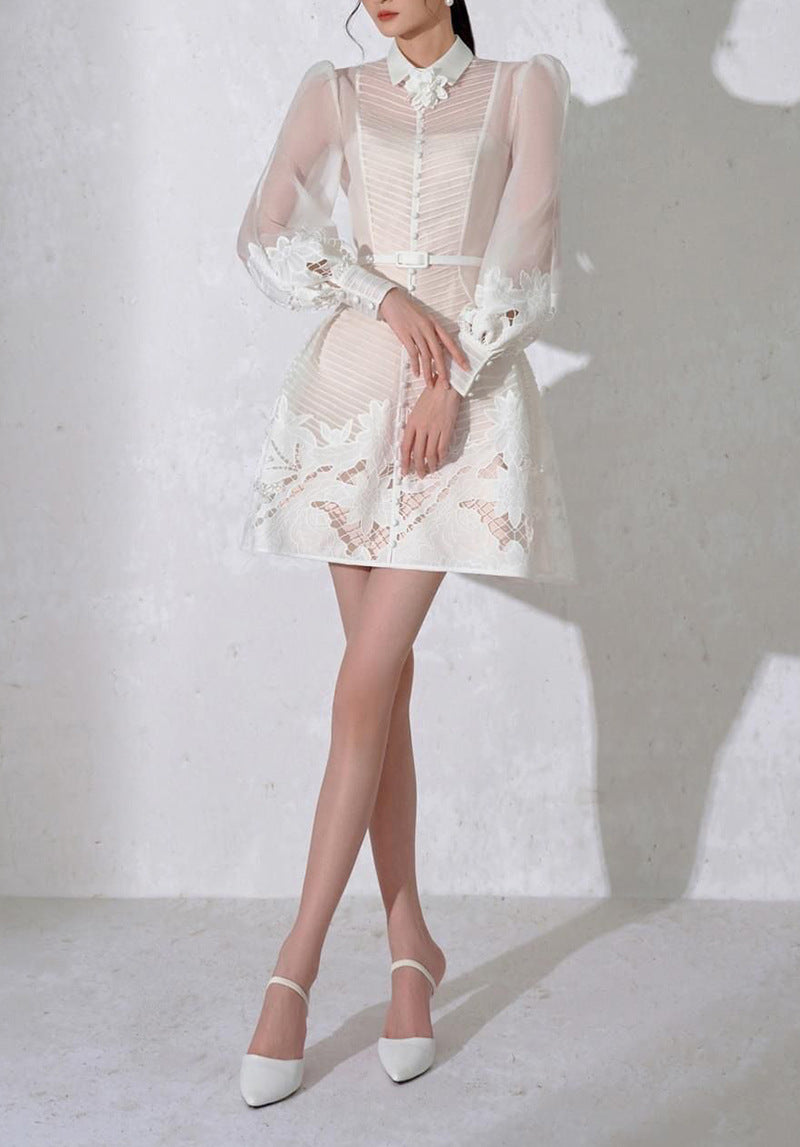 White Transparent Crochet Floral Pattern Patchwork Turn-Down Collar Pleated Long Puff Sleeve Midi Dress