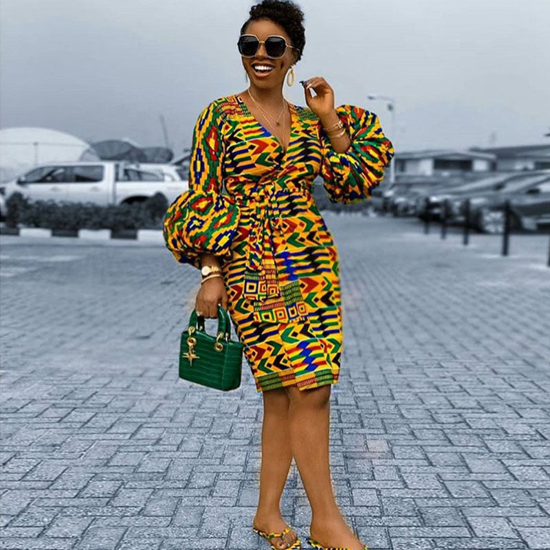African Daishiki Print Long Puff Sleeve V-Neck Belted Midi Dress