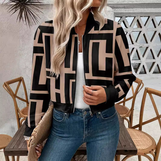 Black/Tan Geometric Colorblock Monogram Print Long Sleeve Women's O-Neck Bomber Jacket