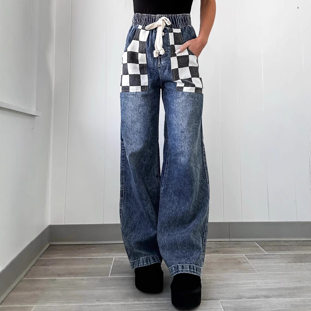 Denim Loose Plaid Checker Print Contrast Colorblock Women's Elastic Waist Drawstring Trouser Jeans