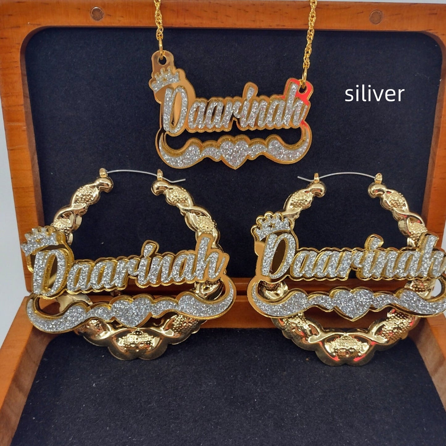 Customized Vintage Hip-Hop Nameplate Chain Necklace + Hoop Earring Set