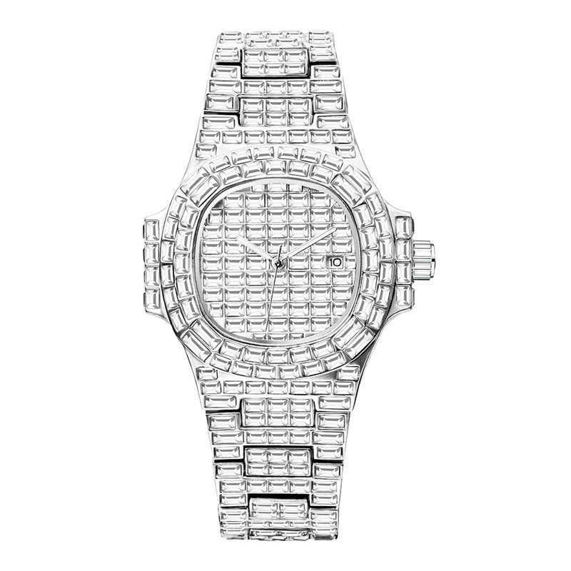 Men's Gold/Silver Full Square Metallic Diamond Hip-Hop Waterproof Calendar Quartz Watch
