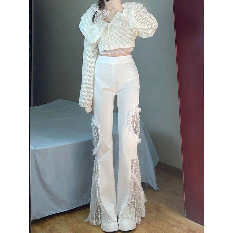 White Mesh Sheer Hollow-Out Transparent Patchwork Waist Micro Flare Women's Pants