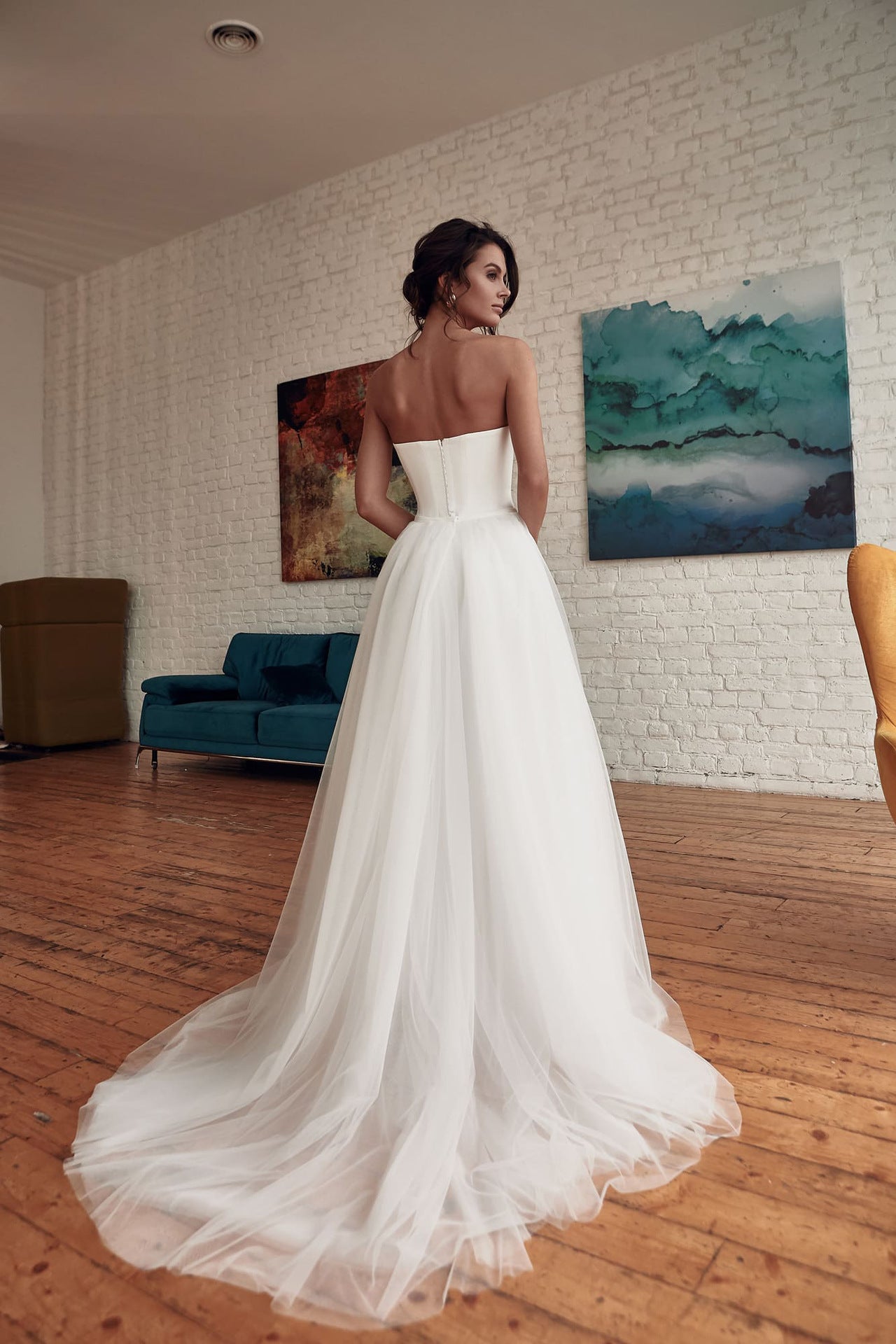 Oversized White Tube Top Sleeveless Women's Skinny Formal Bridal Wedding/ Party Pants Jumpsuit w/ Detachable Sweep Train