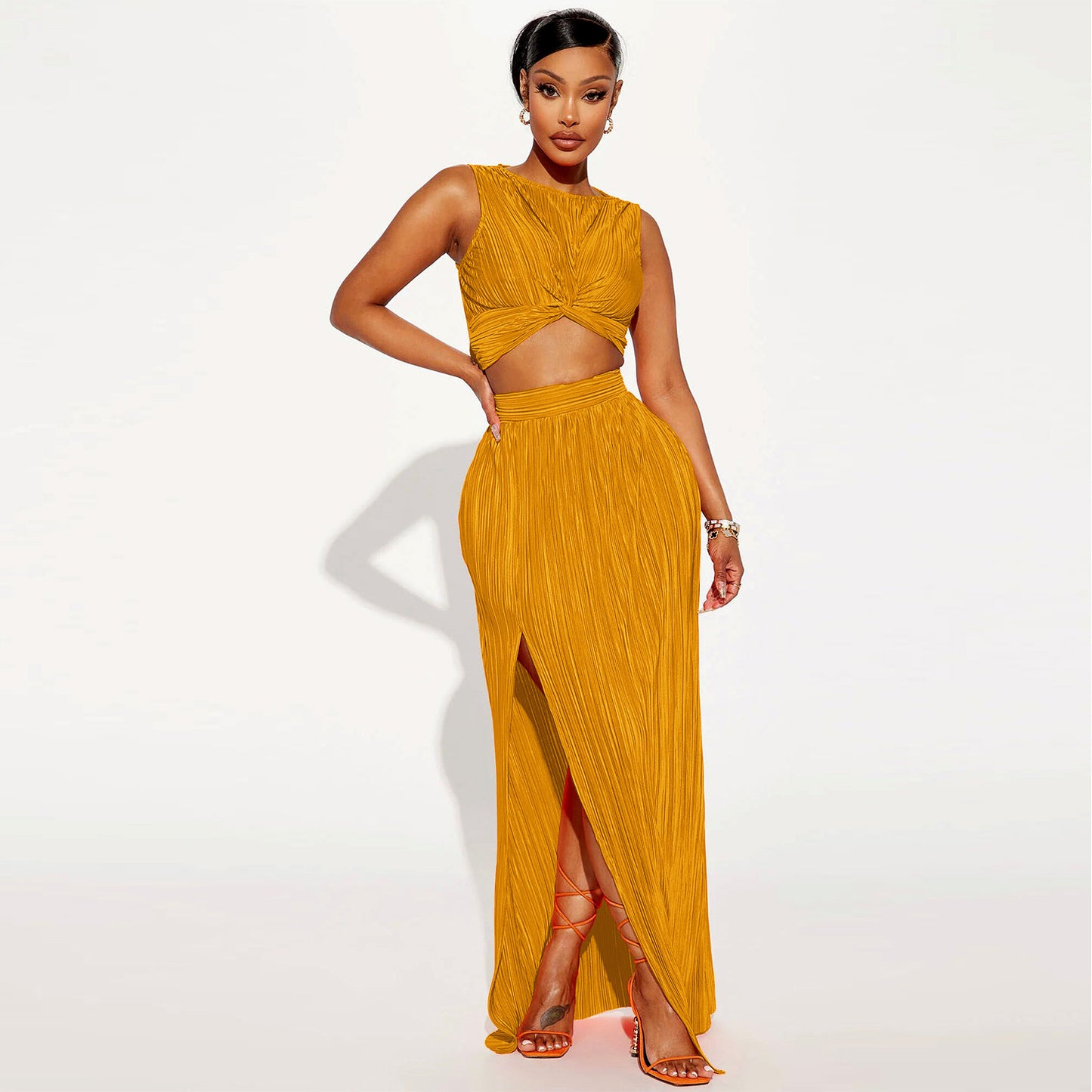 Sleeveless Ribbed Ruched Criss-Cross Hem Crop Top + High Slit Maxi Skirt Women's Solid Color 2-Piece Set