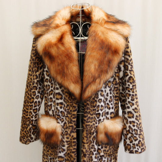 Faux Mink Fur Colorblock Leopard Pattern Women's Trenchcoat to 9X Plus Size