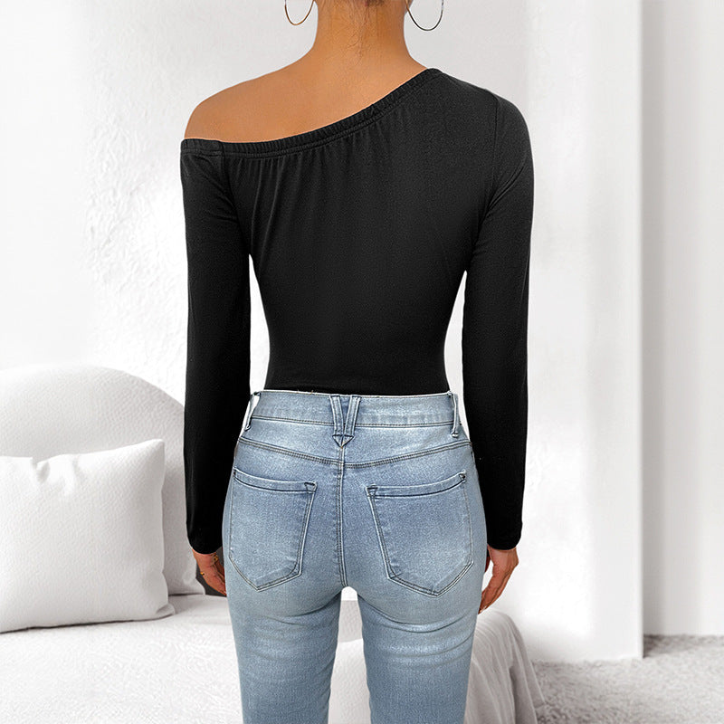 Black Big Flower Design Asymmetrical One Shoulder Long Sleeve Bodysuit