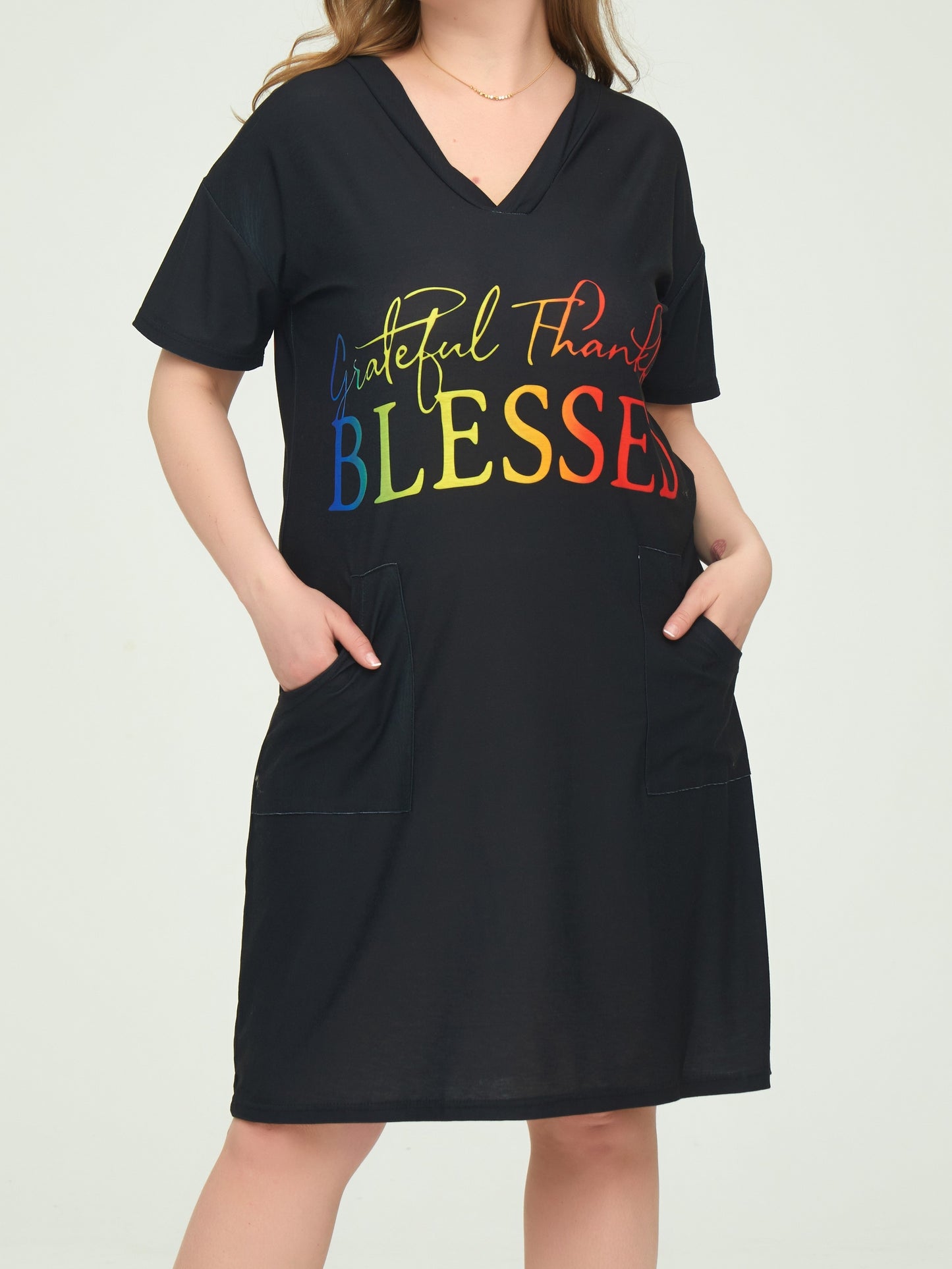 "Grateful Thankful Blessed" Gradient Letter Print Oversized Pocketed T-Shirt Dress to 8X Plus Size