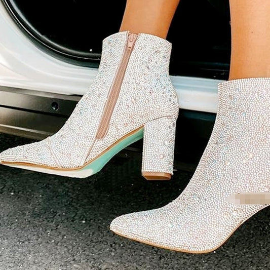Rhinestone Sparkling Glitter Pointed Toe Women's Platform Zipper Ankle Boots
