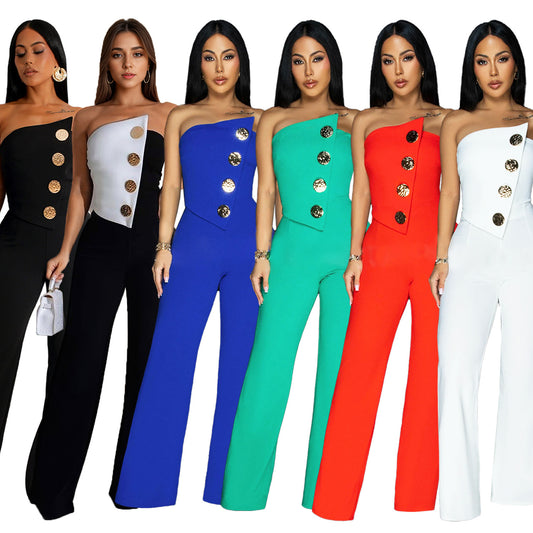 Sleeveless Big Button Detail Solid Color Women's Tube Top Jumpsuit