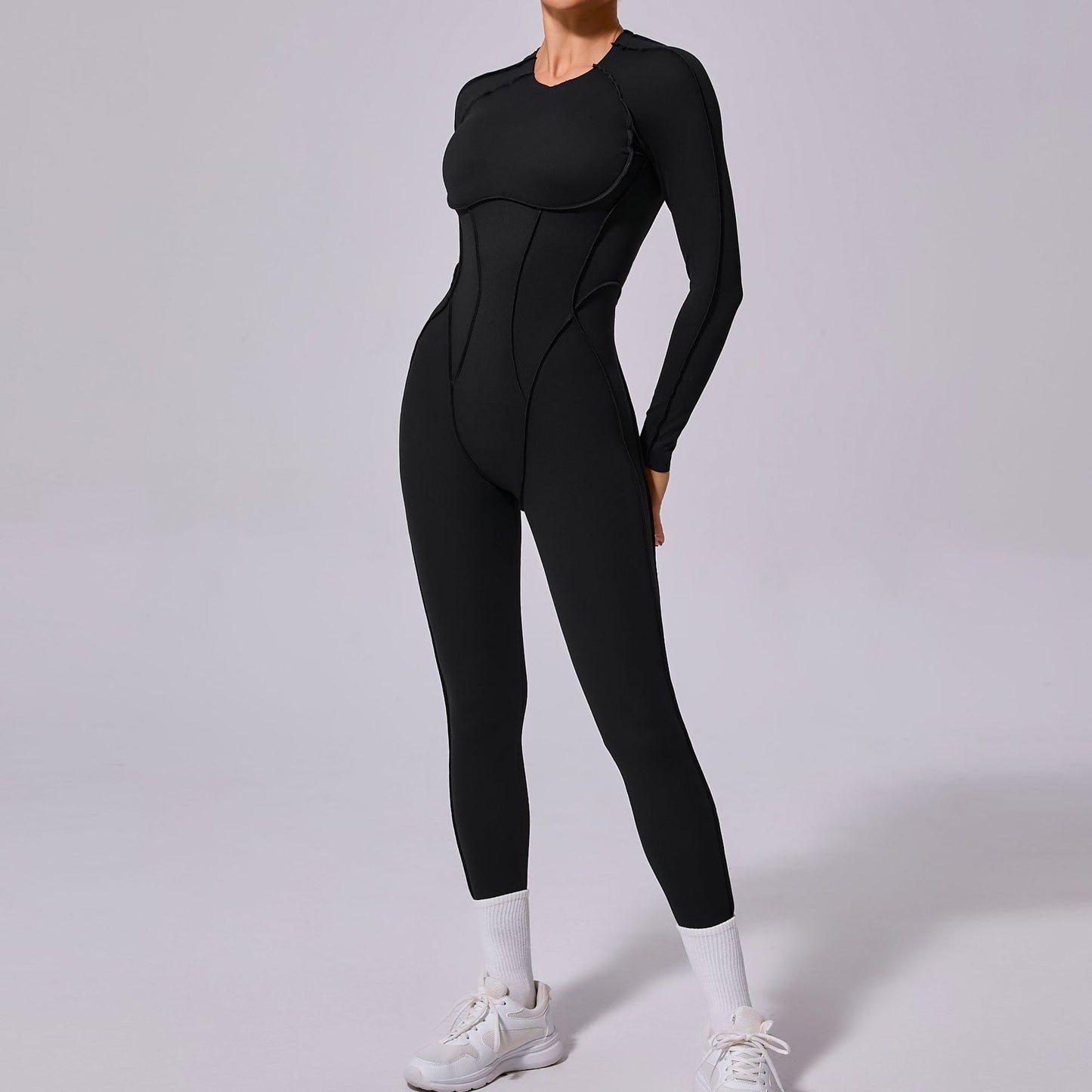 Backless Hollow-Out Design Skin Tight Solid Color Long Sleeve Women's Fitness Jumpsuit
