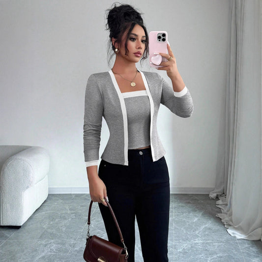 Colorblock Women's Cardigan Blazer Jacket + Vest 2-Piece Office Top