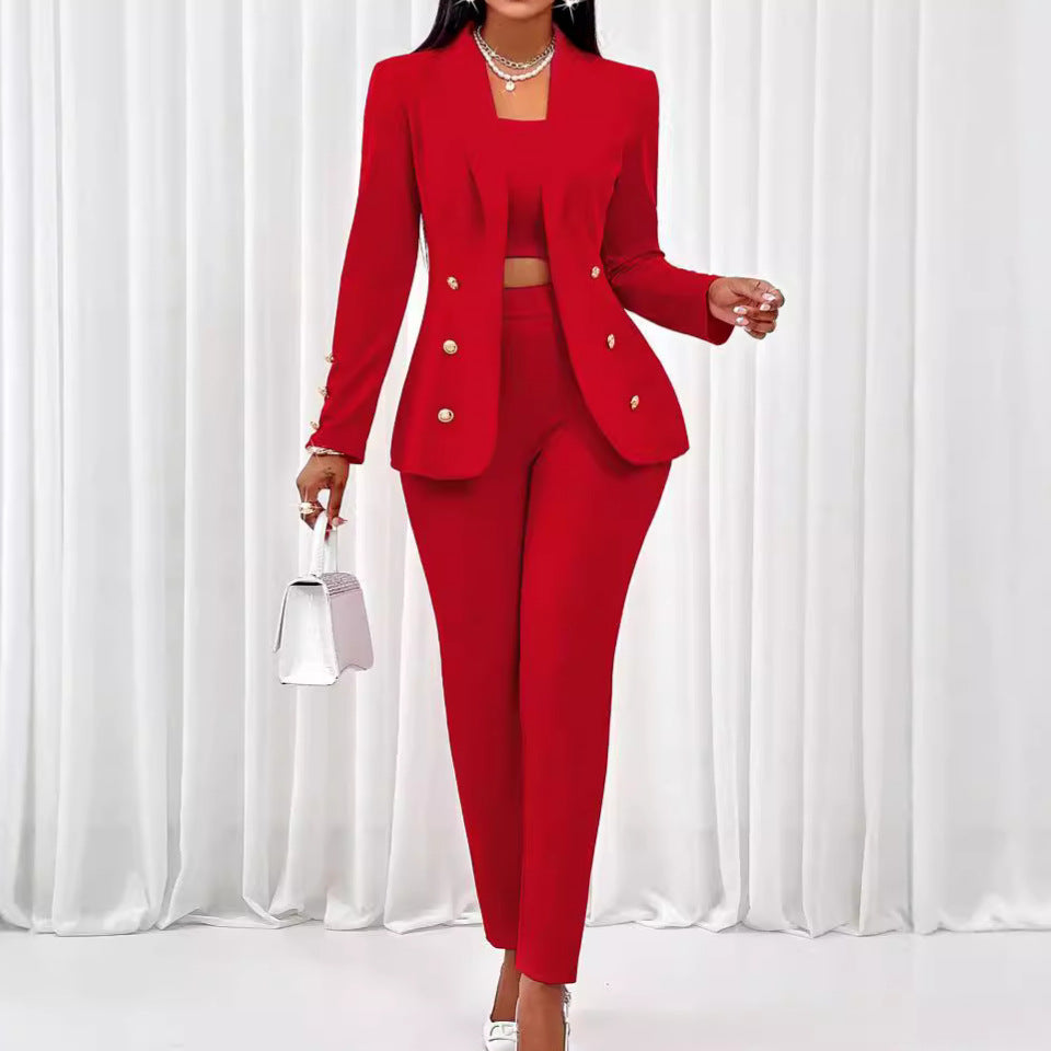 Gold Button Detail Solid Color Blazer Jacket+ Sleeveless Crop Vest Top+ Pants Three-Piece Women's Business Suit