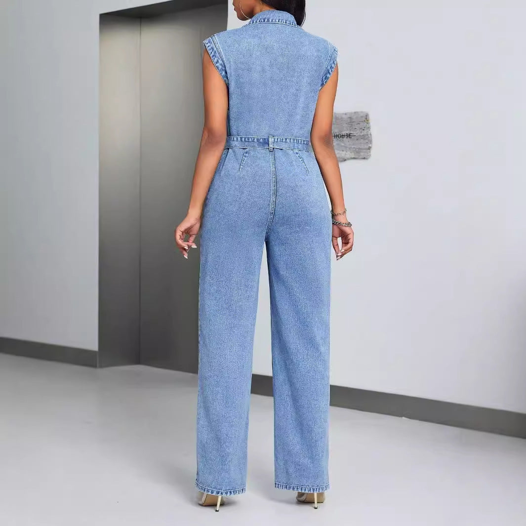 Denim Faded Blue Sleeveless Cargo Multi-Pocketed Trouser Jeans Jumpsuit