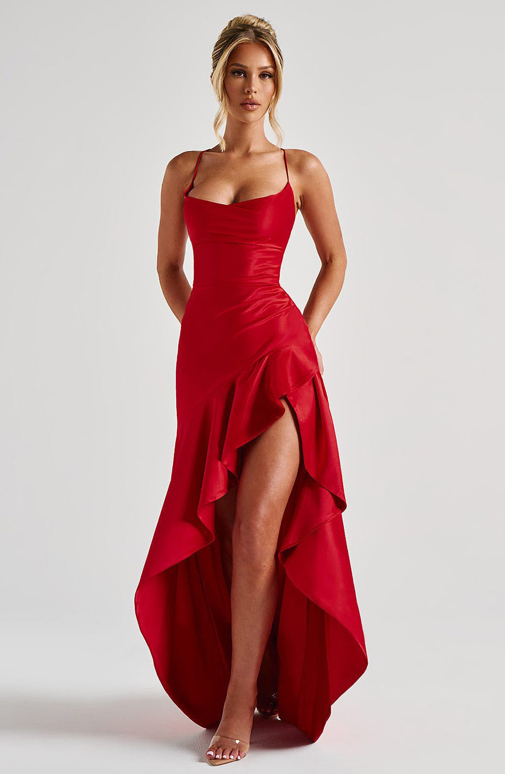 Backless Ruffled Irregular High Slit Solid Color Maxi Formal Party Dress
