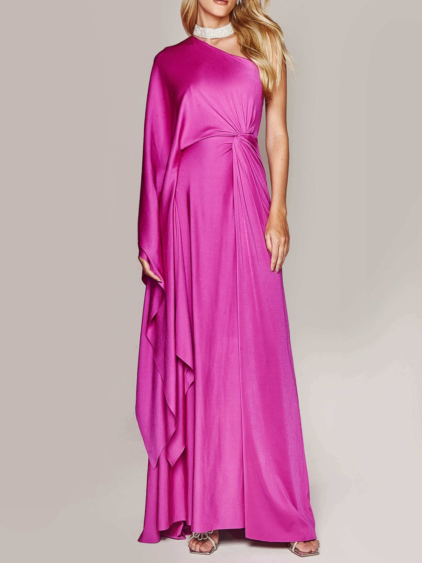 Fuschia Asymmetrical One Shoulder Wide Sleeve Ruched Formal Maxi Dress