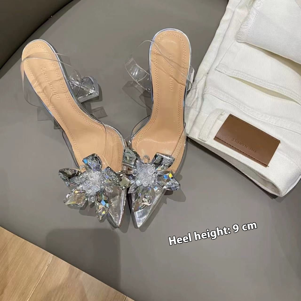 PVC Transparent Crystal Flower Design Spiked Heel Women's Pumps