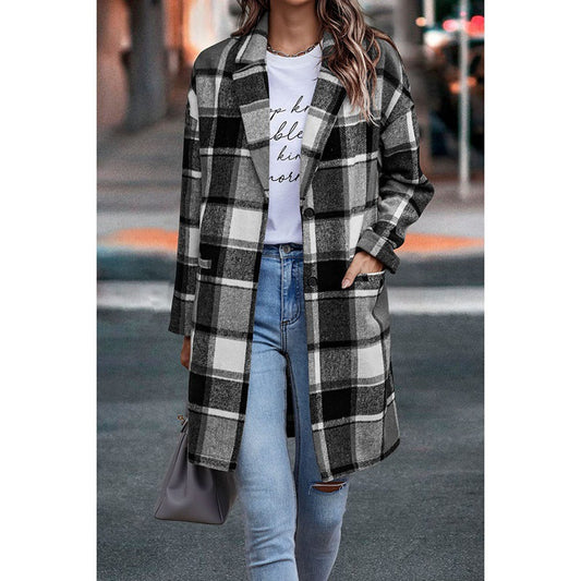 Plaid Print Oversized Women's Button-Up English Blazer Jacket