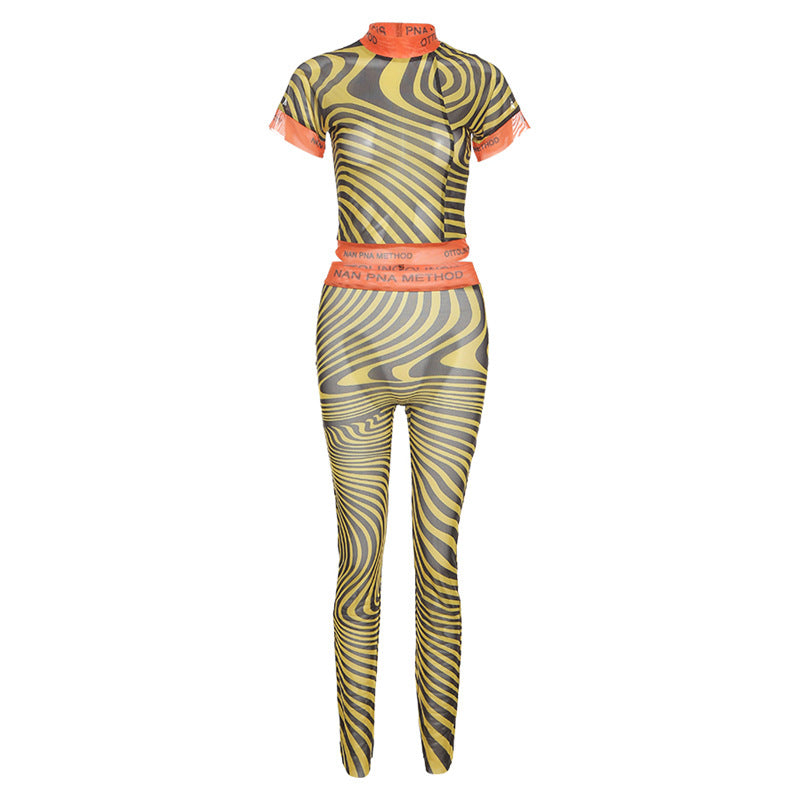 Mesh Sheer Colorblock Striped Women's Short Sleeve Top + Bodycon Leggings 2-Piece Set