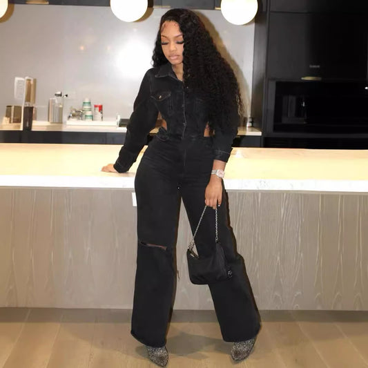 Black Denim Elastic Hollow-Out Long Sleeve Women's Jeans Jumpsuit