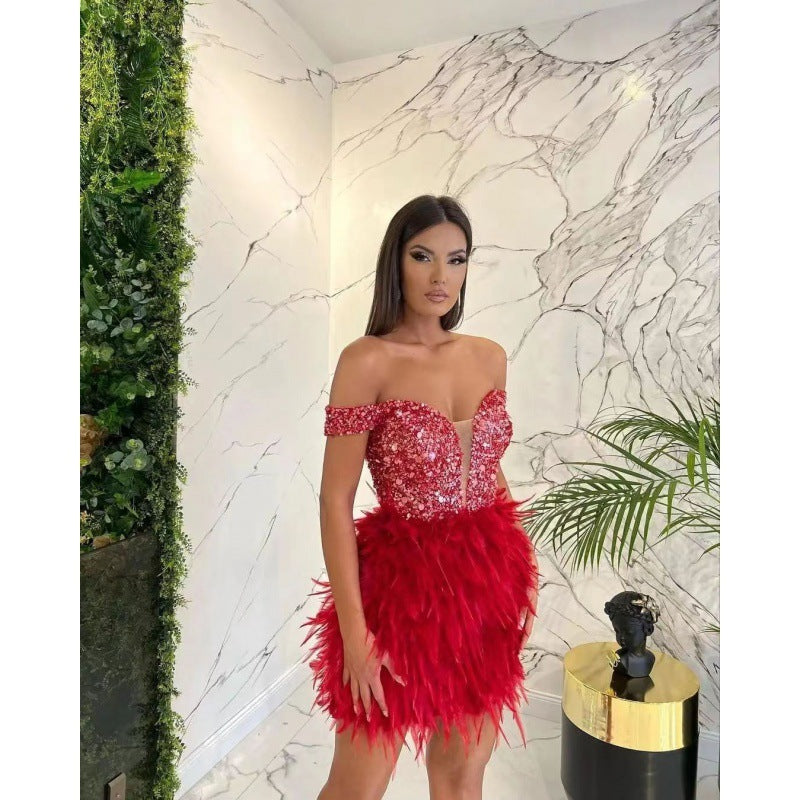 Sequined Feather Design V-Neck Off-the-Shoulder Formal Party Dress