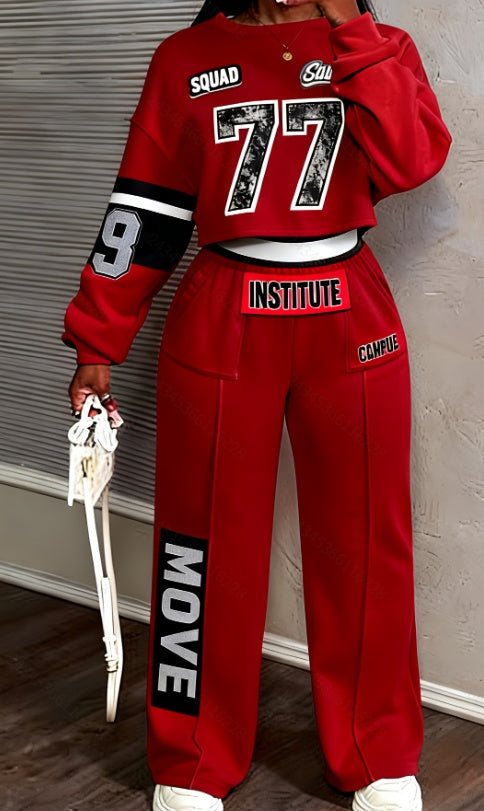 Streetwear Letter Print Women's Long Sleeve Cropped O-Neck Sweatshirt + Drawstring Pleated Sweatpants 2-Piece Set to 3X Plus Size