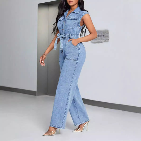 Denim Faded Blue Sleeveless Cargo Multi-Pocketed Trouser Jeans Jumpsuit