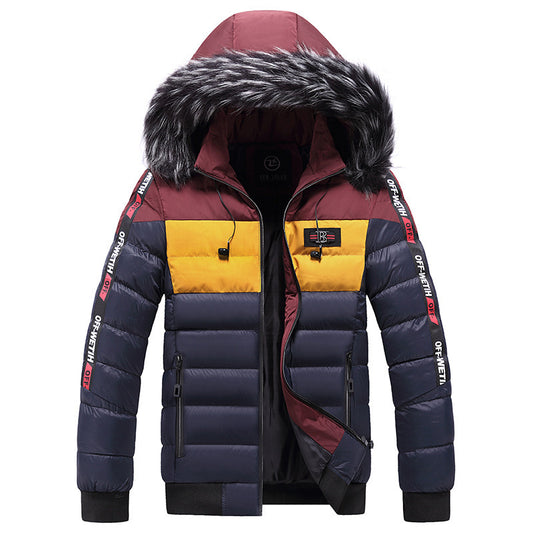 Men's Ribbed Colorblock Furry Hooded Down Puffer Ski Jacket