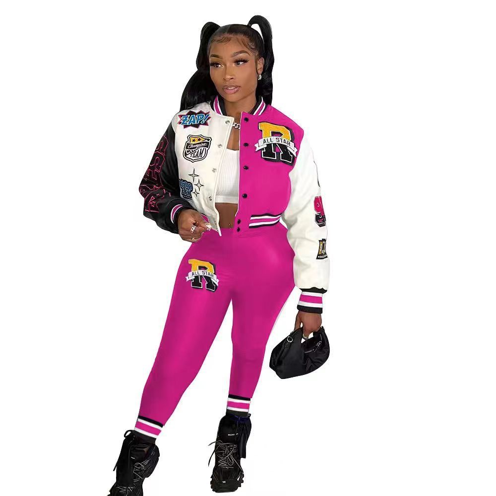 Colorblock Varsity Women's Hip-Hop Letterman's Baseball Bomber Jacket + Sweatpants 2-Piece Set