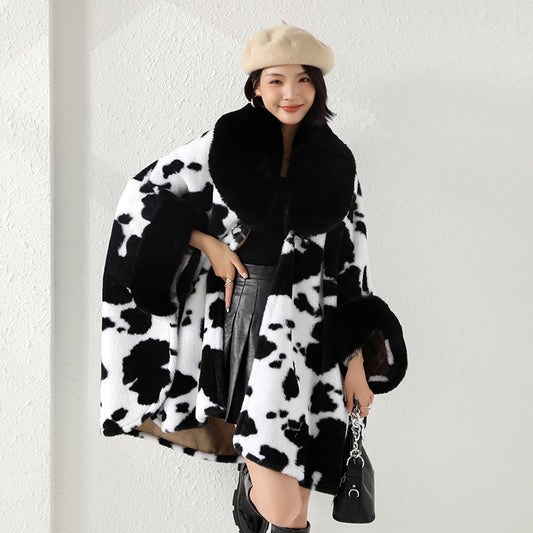Oversized Faux Fur Collar Zebra/Cowhide/Leopard Print Black/White Women's Shawl Coat