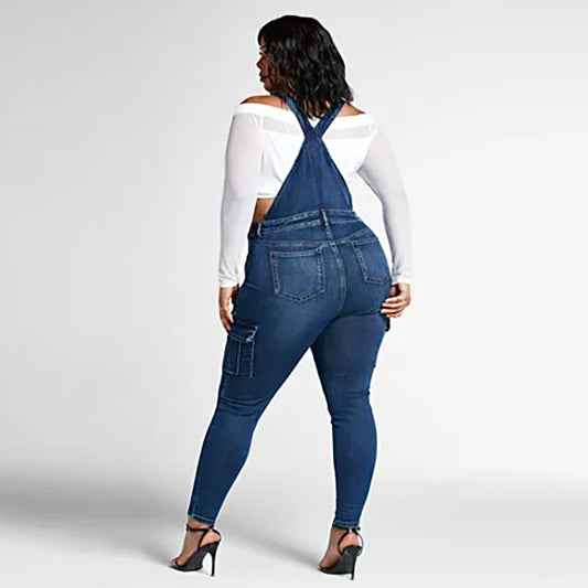 Denim Dark Blue Cargo Pocketed Women's Overall Jeans Jumpsuit to 5X Plus Size