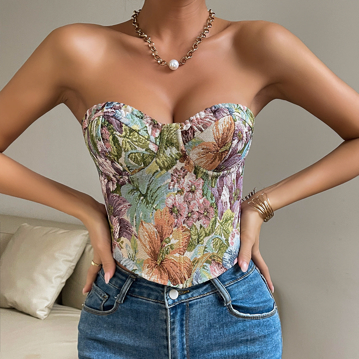 Vintage Floral Print Women's Sleeveless Lace-Up Back Corset Crop Tube Top