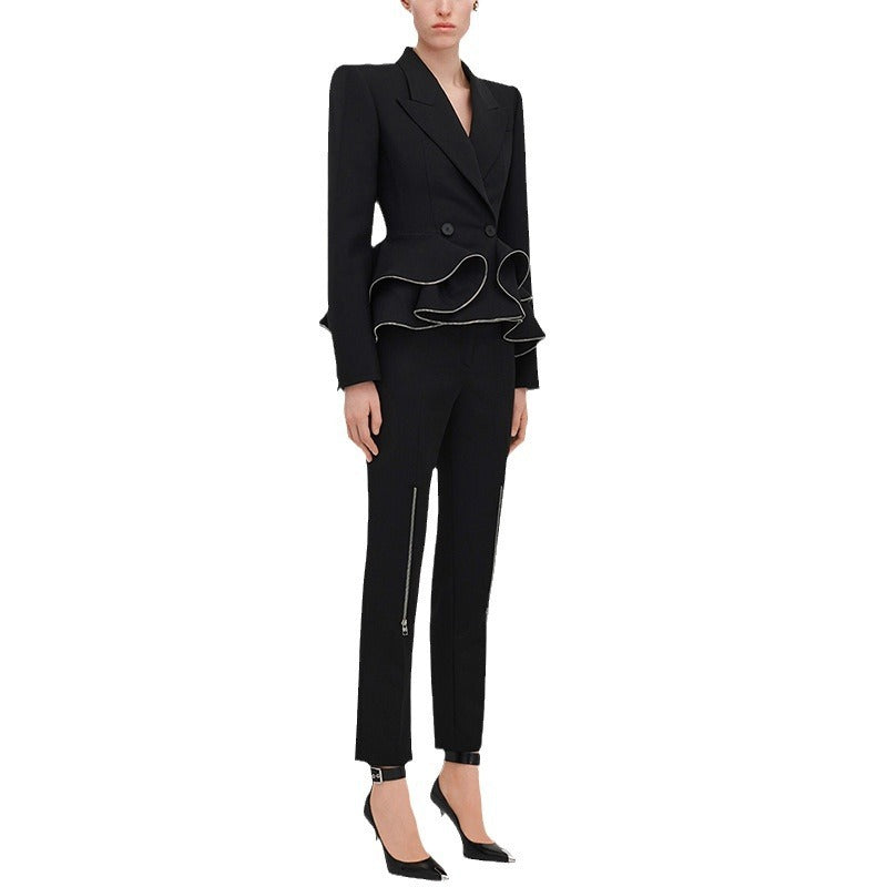Black Ruffled Hem Women's Blazer Jacket + Zipper Design Skinny Pants Formal Suit