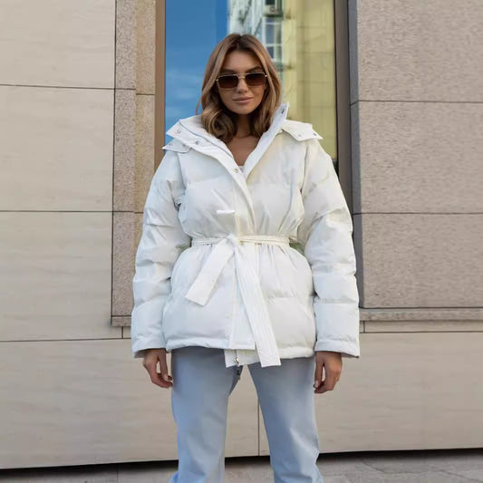 Ribbed Padded Solid Color Women's Zipper Puffer Sash Belted Down Hoodie Coat