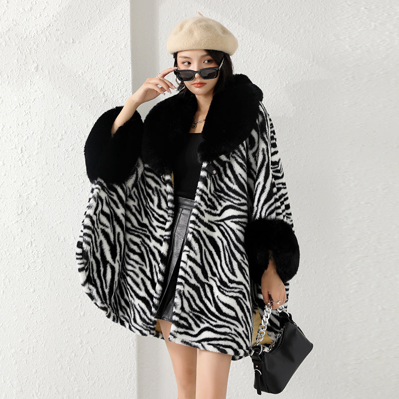 Oversized Faux Fur Collar Zebra/Cowhide/Leopard Print Black/White Women's Shawl Coat