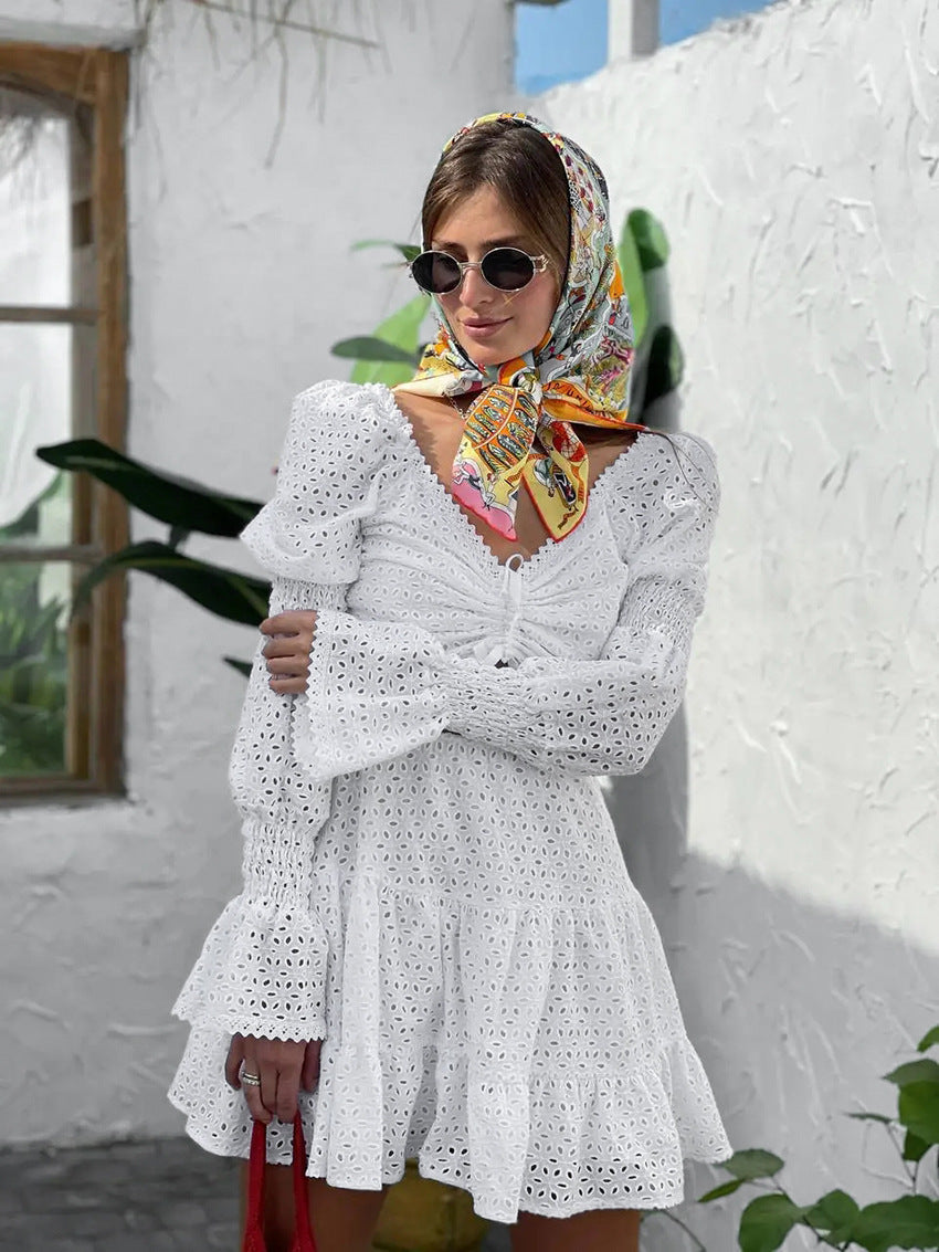 White Embroidered Hollow-Out Flared Long Sleeve Mini Dress