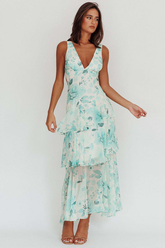 Floral Print Temperament Tiered Sleeveless Fairy Maxi Dress