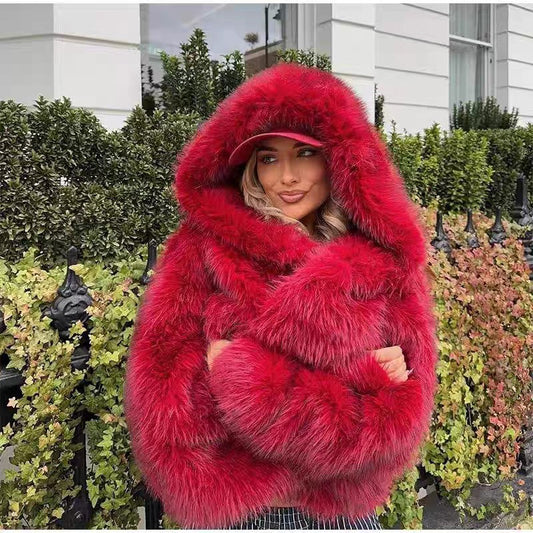 Wine Red Fuzzy Faux Fur Women's Long Sleeve Hoodie Jacket