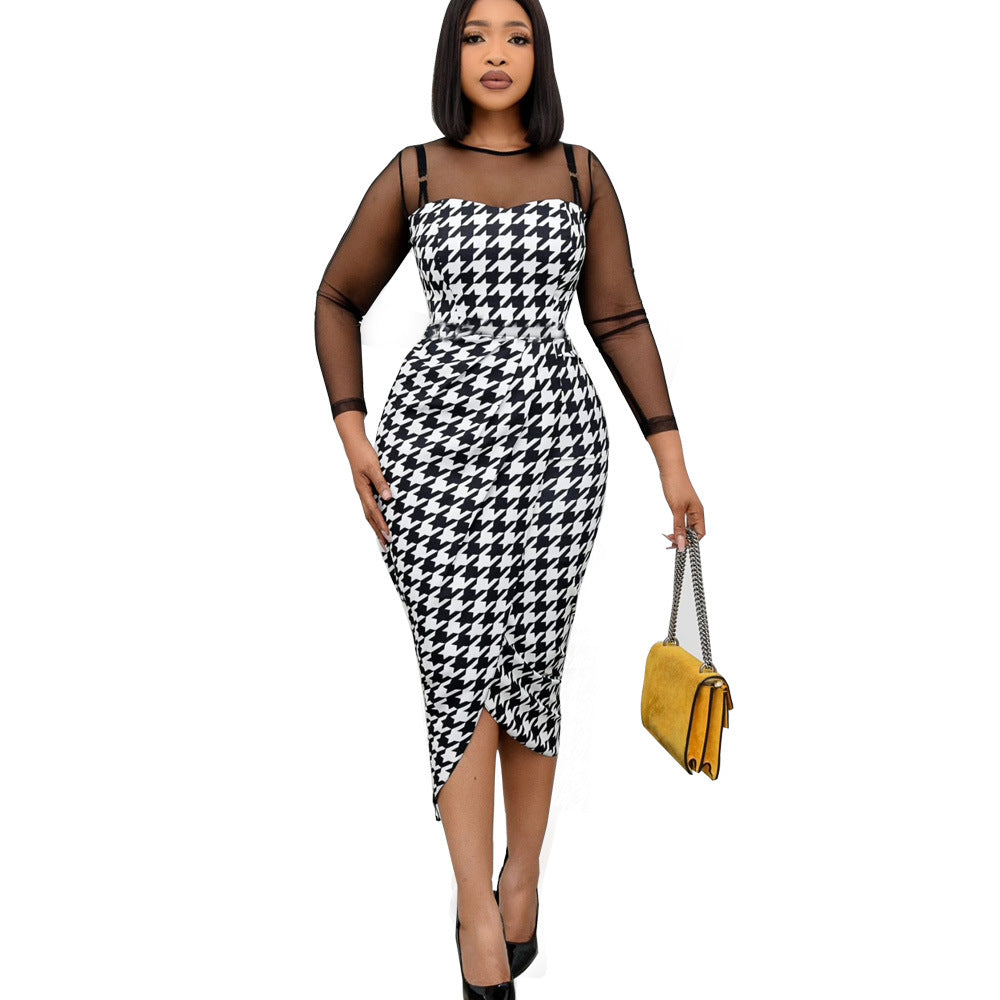 Sheer Transparent Top Design Floral/Zebra/Houndstooth Print Ruched Long Sleeve Dress