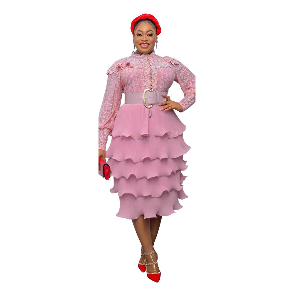 Ruffled Round Neck Loose Tiered Long Sleeve Formal Belted Dress to 5X Plus Size